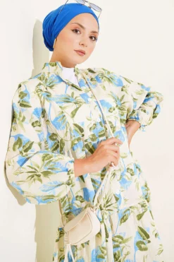منظر بديل لـ Printed Buttoned Ankle Elastic Tiered Dress Blue