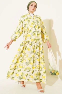 Printed Buttoned Ankle Elastic Tiered Dress Yellow