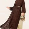 Patterned Lace Flared Dress Brown