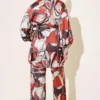 Printed Belted Satin Two-Piece Set Brown - Imagen 3