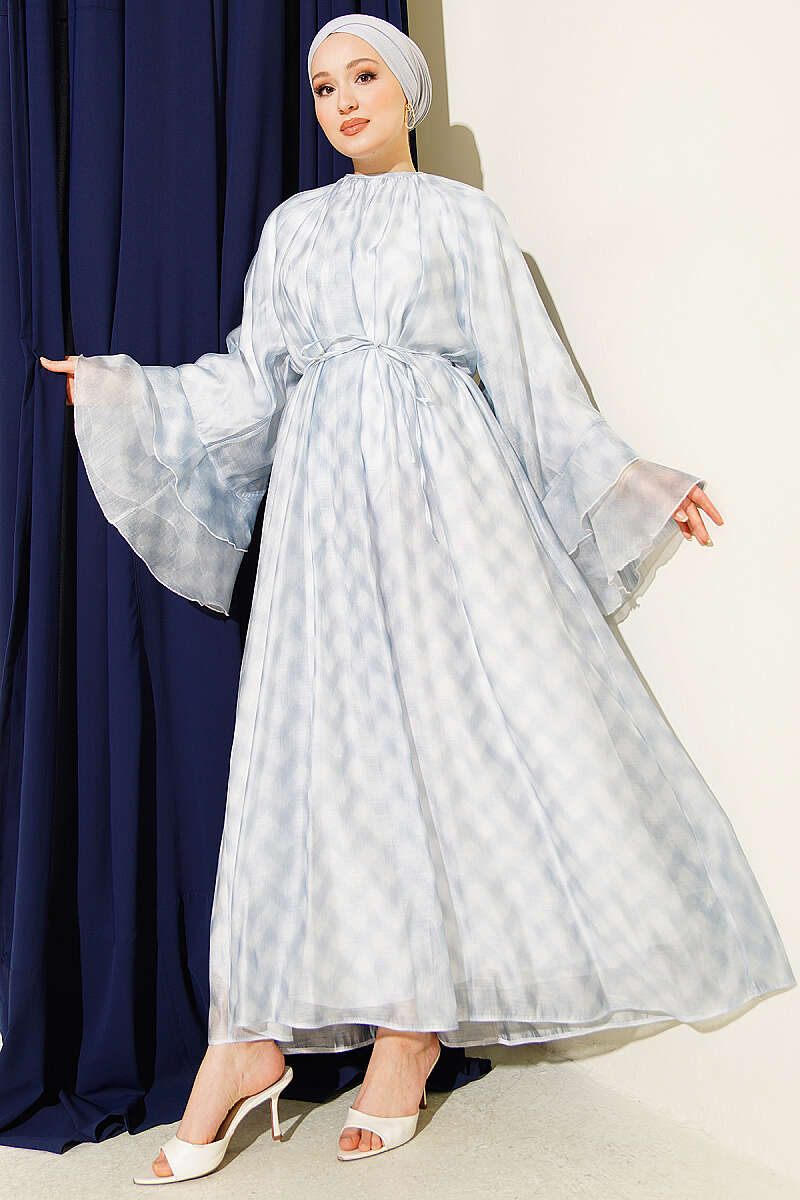 Printed Tie Belt Flared Dress Blue