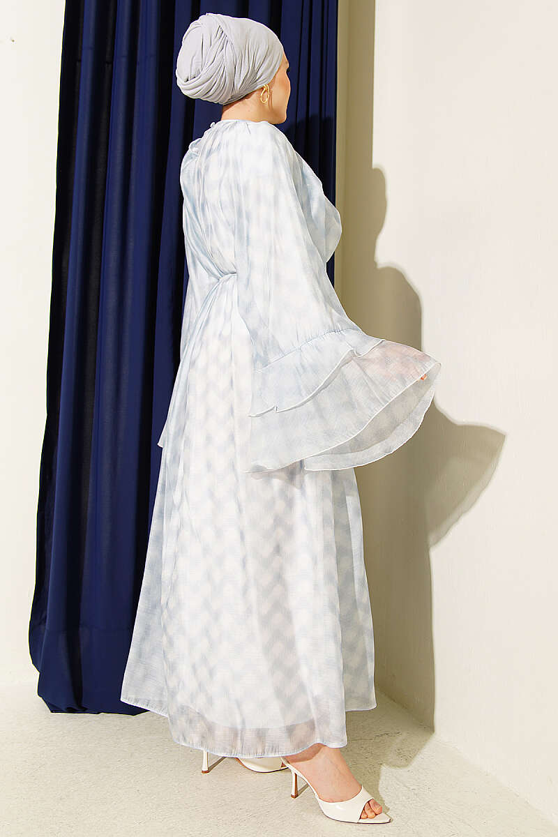 Printed Tie Belt Flared Dress Blue – Bild 3