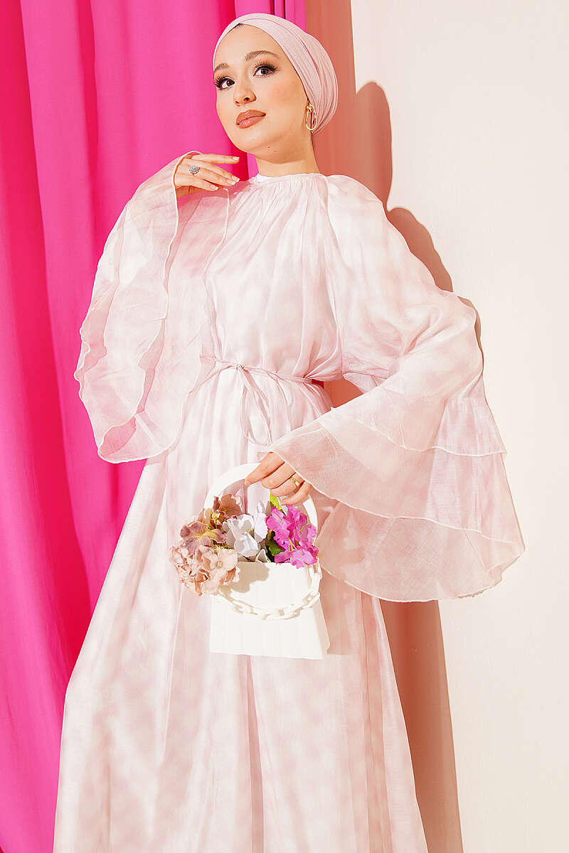 Printed Tie Belt Flared Dress Pink