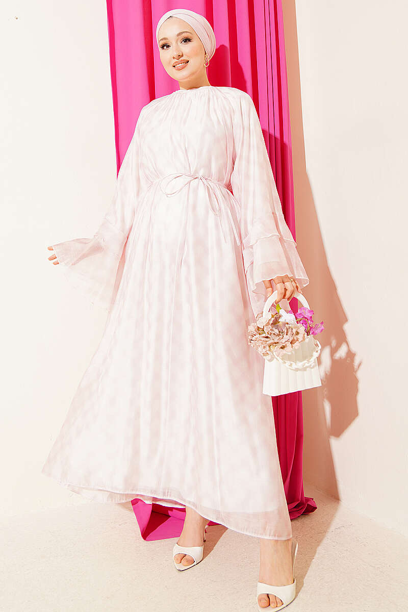 Printed Tie Belt Flared Dress Pink - immagine 2