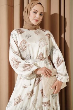 Alternative view of Printed Ruffled Satin Dress Beige