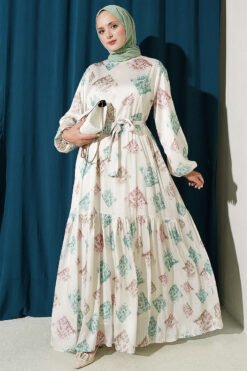 Printed Ruffled Satin Dress Green