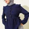 Vertical Stripe Ruffled Shoulder Tunic Navy Blue
