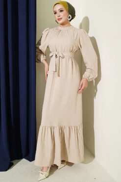 High Neck Gathered Dress Beige