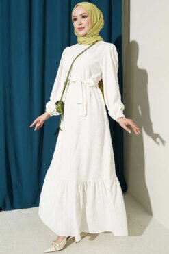 High Neck Gathered Dress Ecru