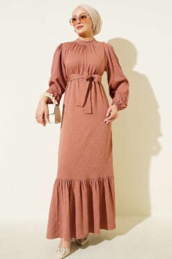 High Neck Gathered Dress Tan