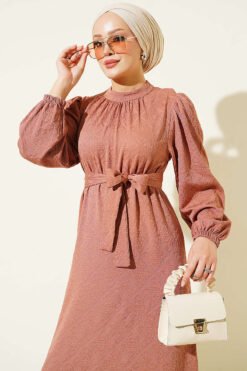 Alternative view of High Neck Gathered Dress Tan