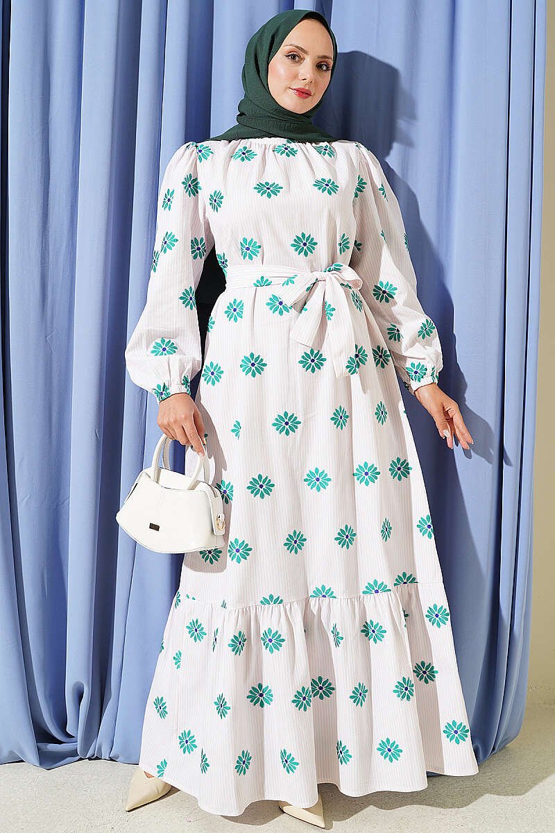 Floral Print Dress with Stand-Up Collar Stone