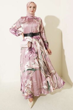 High Neck Floral Print Satin Dress Lilac