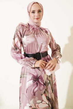 Alternative view of High Neck Floral Print Satin Dress Lilac