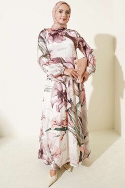 High Neck Floral Print Satin Dress Rose Dust