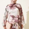 High Neck Floral Print Satin Dress Rose Dust - Imagen 2