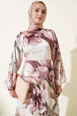Alternative view of High Neck Floral Print Satin Dress Rose Dust