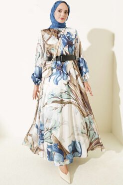 High Neck Floral Print Satin Dress Navy Blue