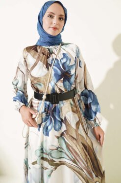 Alternative view of High Neck Floral Print Satin Dress Navy Blue