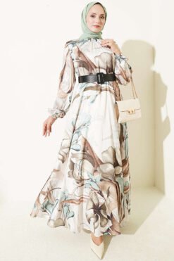 High Neck Floral Print Satin Dress Mint