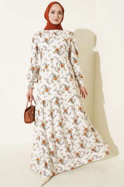 High Neck Smocked Floral Print Dress Beige