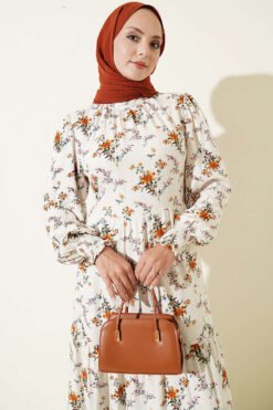 Alternative view of High Neck Smocked Floral Print Dress Beige