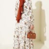High Neck Smocked Floral Print Dress Beige - Image 3