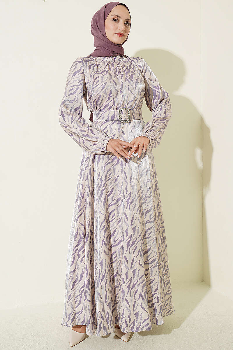High Neck Jacquard Pattern Dress Lilac
