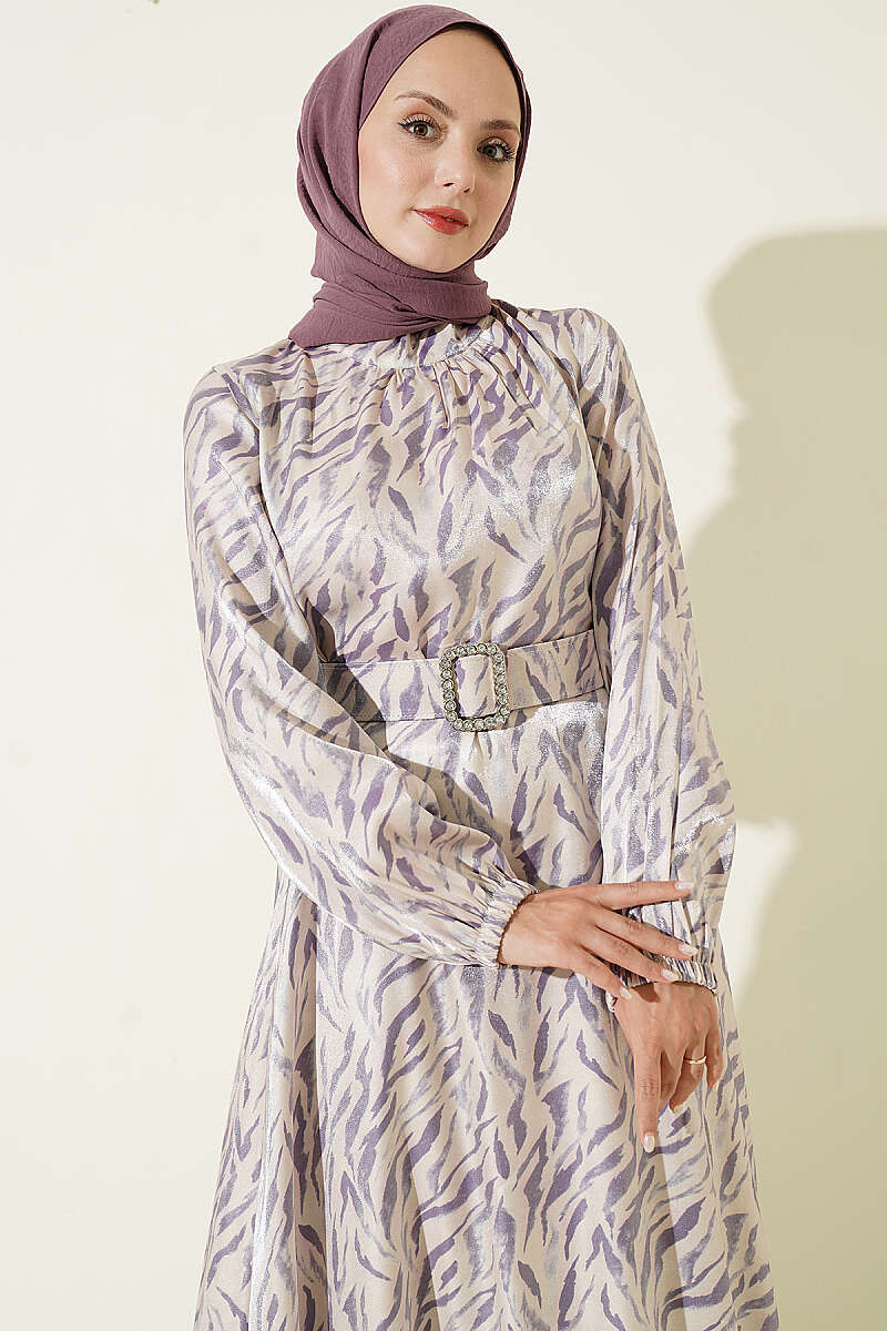 High Neck Jacquard Pattern Dress Lilac – Image 2