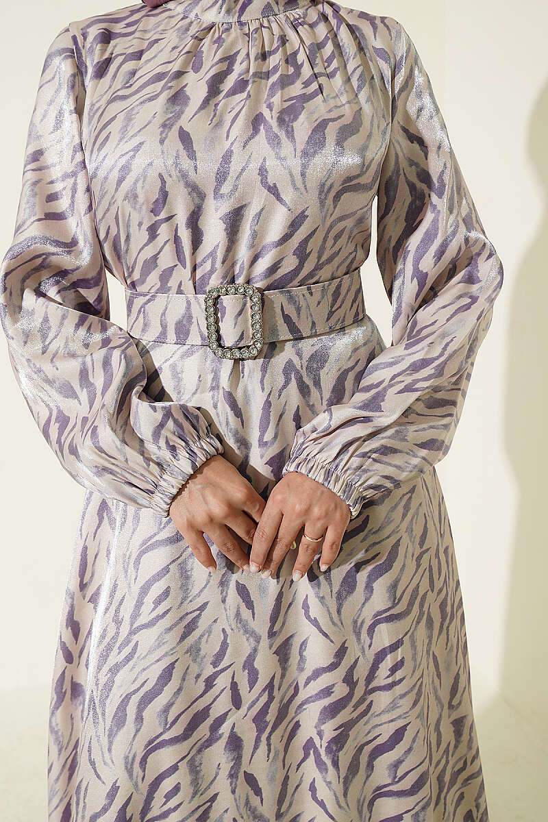 High Neck Jacquard Pattern Dress Lilac – Image 4