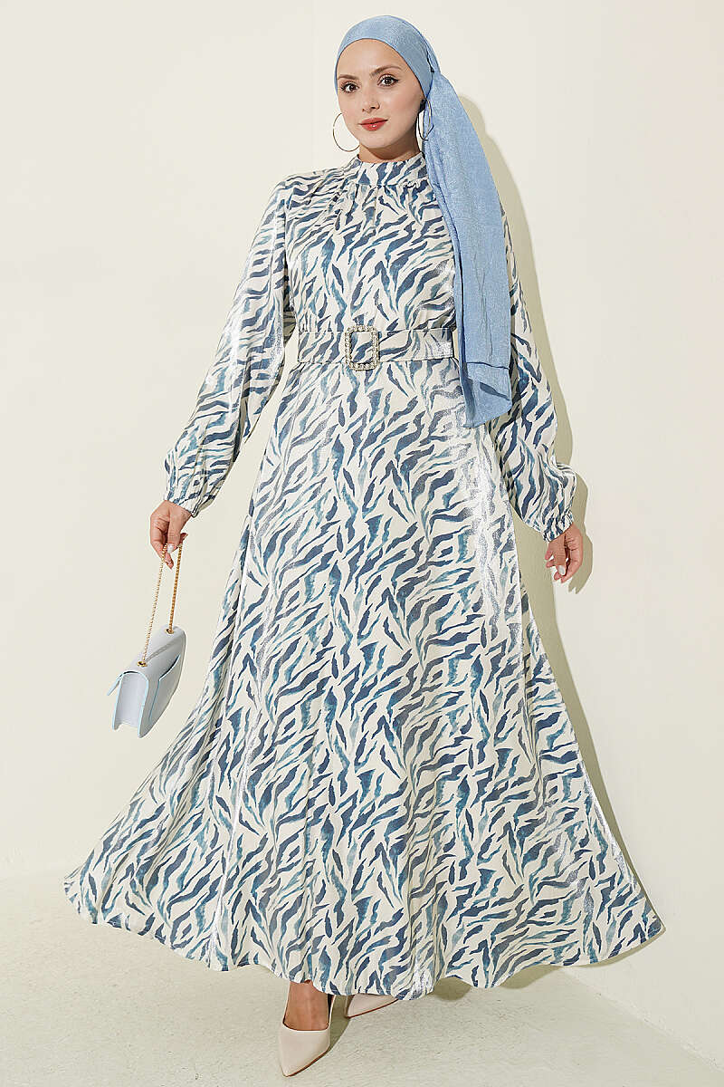 High Neck Jacquard Pattern Dress Blue