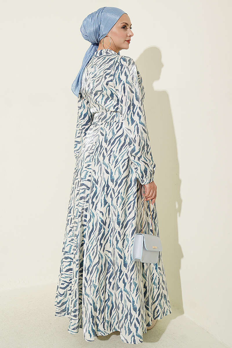 High Neck Jacquard Pattern Dress Blue - الصورة 3