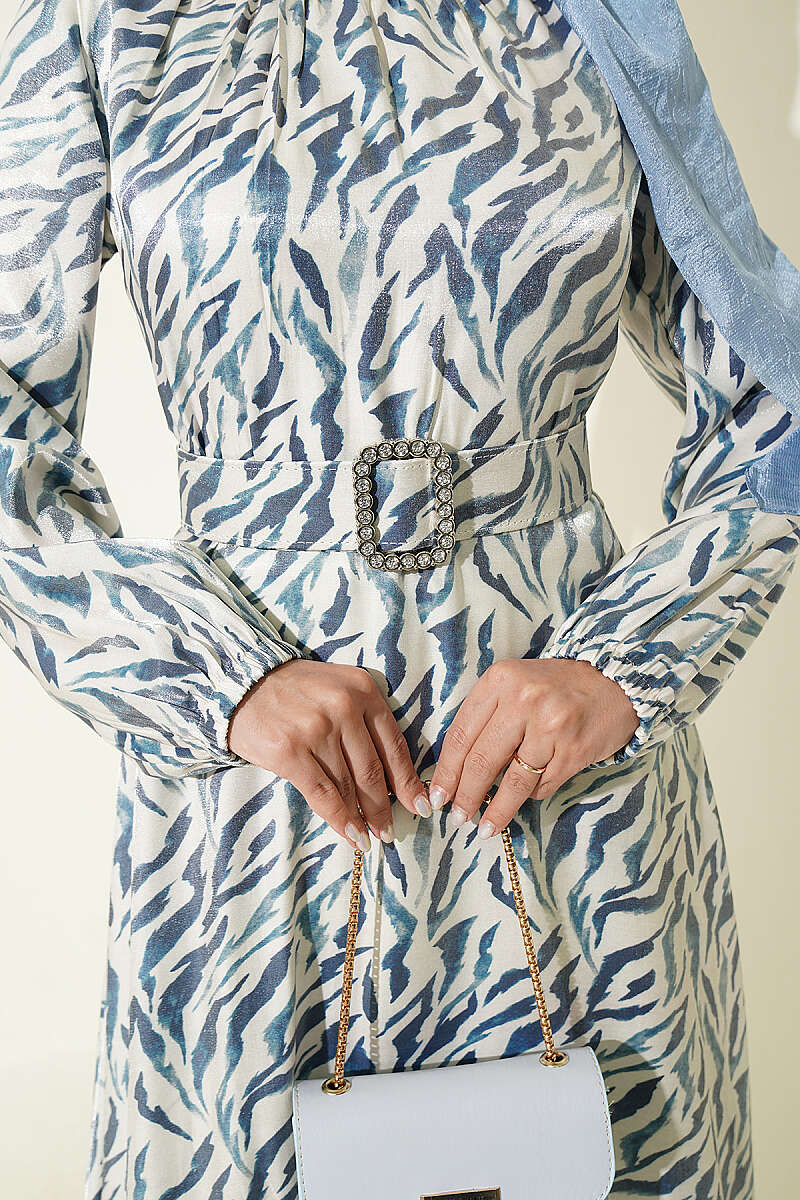 High Neck Jacquard Pattern Dress Blue - الصورة 4