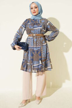Alternative view of Printed Tunic with Stand Collar and Gathered Sleeves Blue