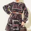 Printed Tunic with Stand Collar and Gathered Sleeves Black