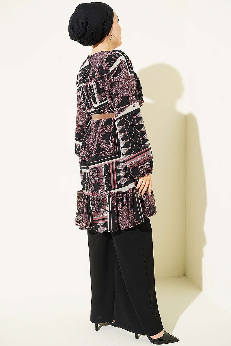 Printed Tunic with Stand Collar and Gathered Sleeves Black – Bild 3