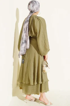 High Neck Piece Detailed Three-Layered Skirt Two-Piece Set Khaki
