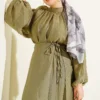 ⁦High Neck Piece Detailed Three-Layered Skirt Two-Piece Set Khaki⁩ - الصورة ⁦4⁩
