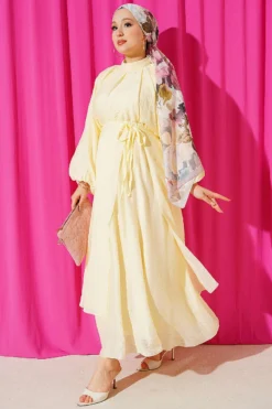 High Neck Piece Detailed Three-Layered Skirt Two-Piece Set Yellow
