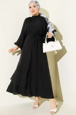 High Neck Piece Detailed Three-Layered Skirt Two-Piece Set Black