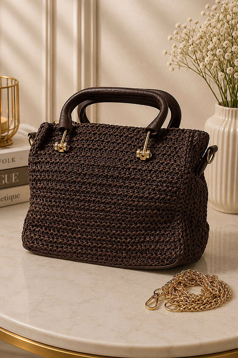 Rectangular Zippered Straw Bag Brown