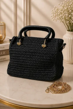 Rectangular Zippered Straw Bag Black