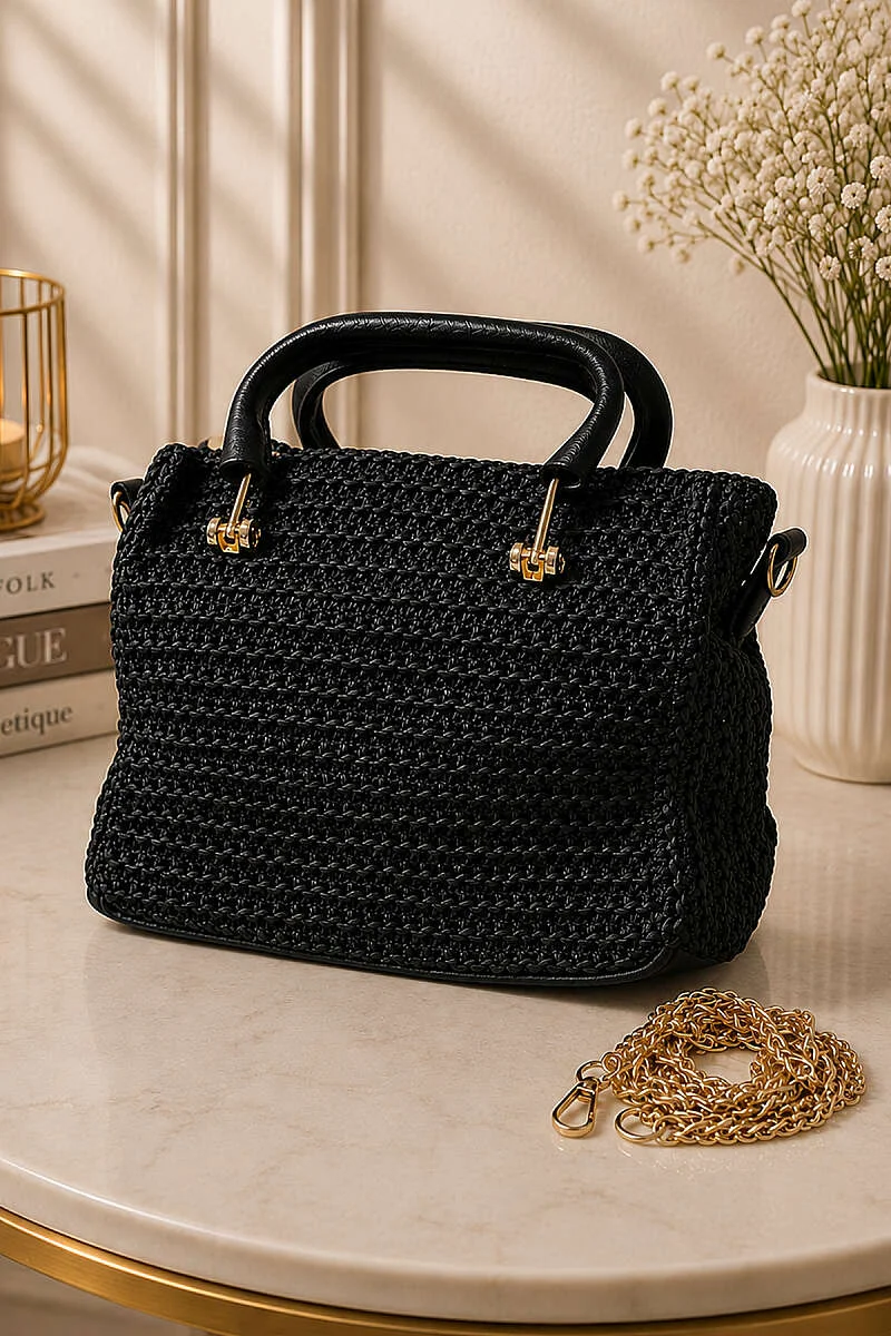 Rectangular Zippered Straw Bag Black