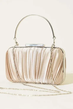 Rectangular Handle Satin Pleated Evening Bag Beige