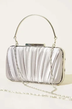 Rectangular Handle Satin Pleated Evening Bag Grey