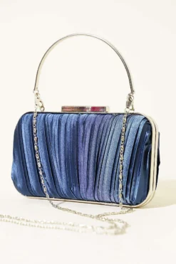 Rectangular Handle Satin Pleated Evening Bag Navy Blue