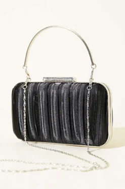 Rectangular Handle Satin Pleated Evening Bag Black