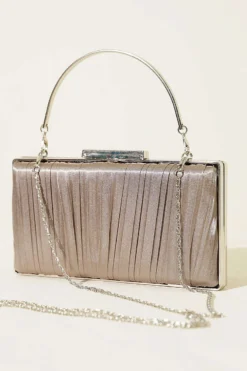Rectangular Satin Pleated Evening Clutch Bag Mink