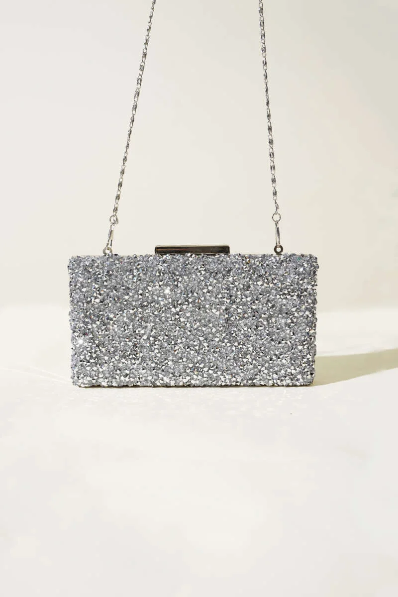 Rectangular Embellished Evening Clutch Bag Silver - Image 2