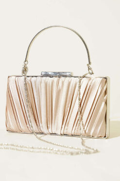 Rectangular Satin Pleated Evening Clutch Bag Beige